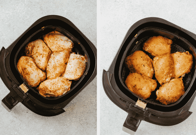 a set of two overhead view photos showing raw chicken thighs on the left and cooked chicken thighs on the right inside of an air fryer pot