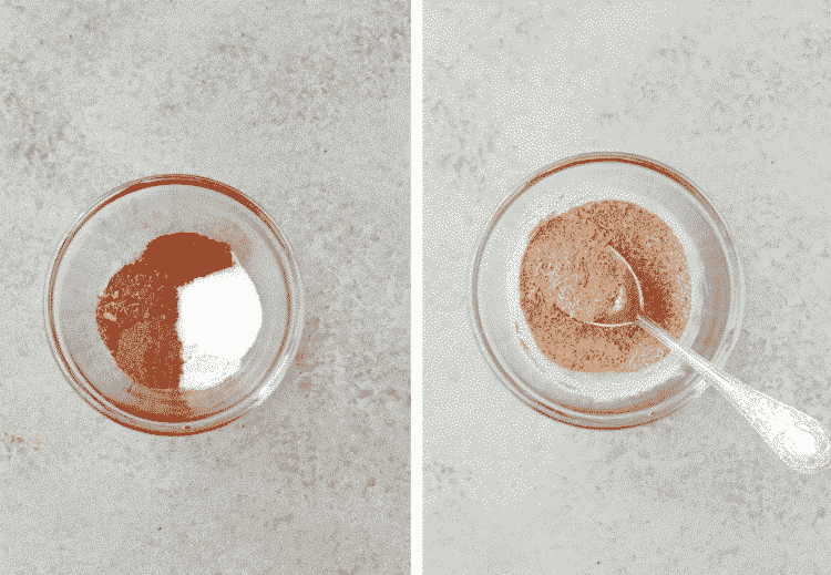 set of two overhead photos of small glass bowl containing dried spices