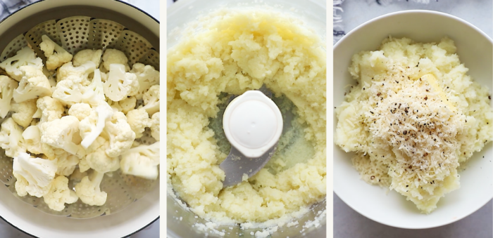 Three panels: steamed cauliflower florets in a metal steamer basket, mashed cauliflower in a food processor, and mashed cauliflower in a bowl—perfect for pairing with Chicken Meal Prep Bowls—topped with grated cheese and ground black pepper.