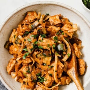 overhead view of chicken cabbage in a white bowl with a spoon