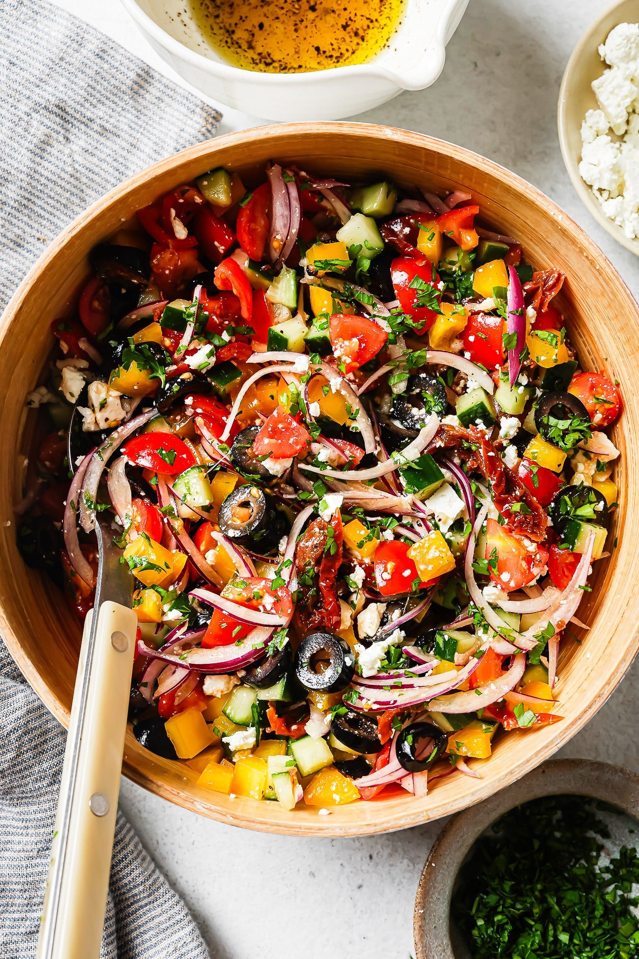 overhead view of a Mediterranean Salad in a white bowl