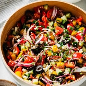 Mediterranean Salad in a white bowl