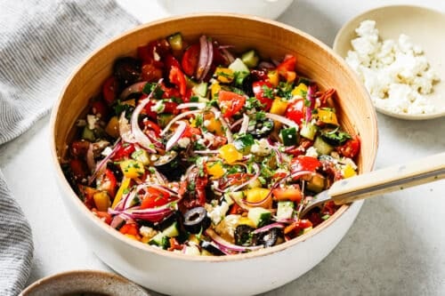 Mediterranean Salad in a white bowl