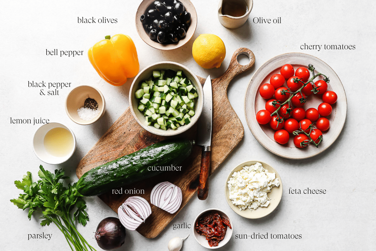 overhead view of a Mediterranean Salad ingredients