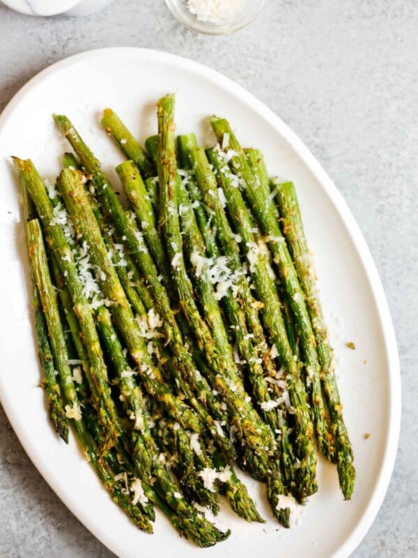 overhead view of air fryer asparagus