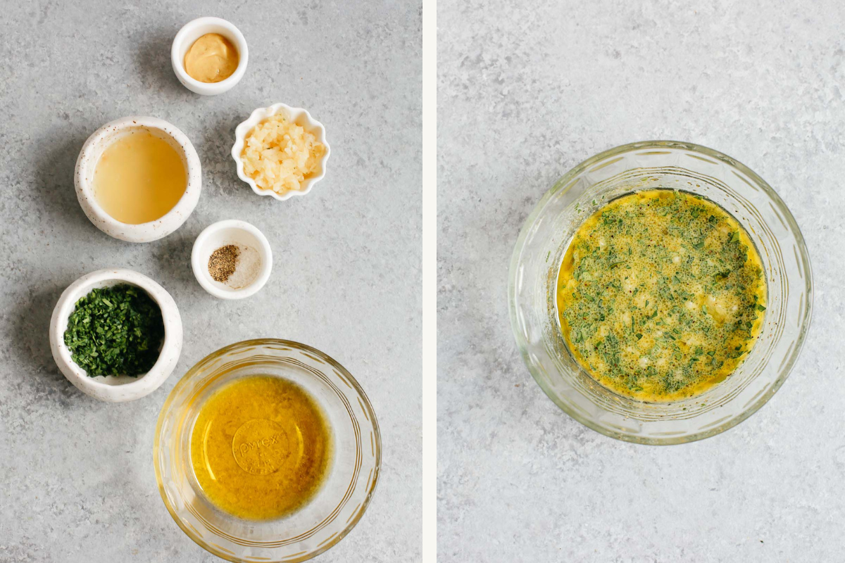 Two panels: Left shows small bowls with chopped herbs, Dijon mustard, minced garlic, oil, vinegar, and pepper. Right features a glass bowl of vinaigrette with herbs—perfect for drizzling over Dijon Mustard Salmon—all on a light gray surface.