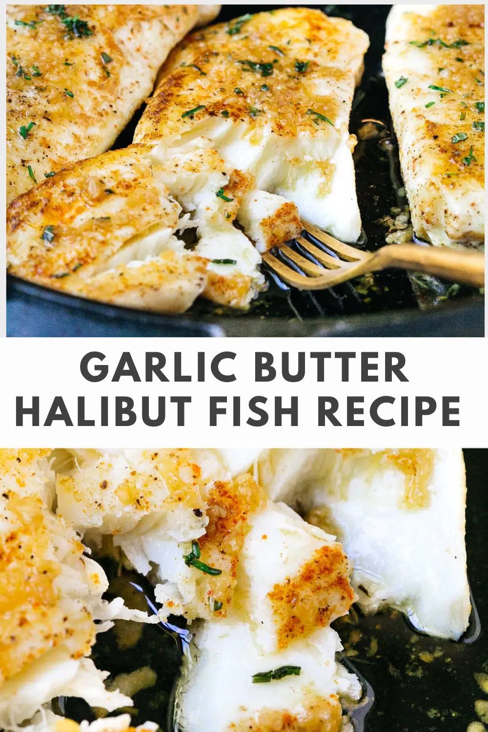 titled photo collage (and shown): Garlic Bitter Halibut Fish Recipe