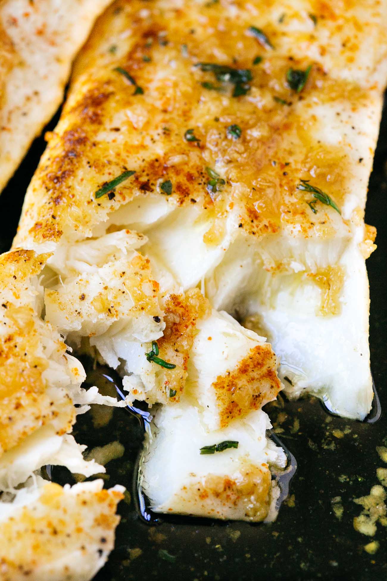 close up of flaky halibut