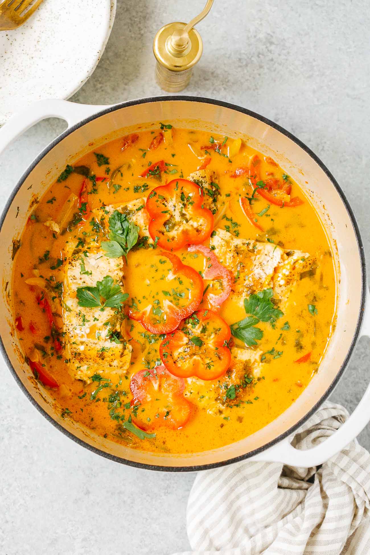 Overhead view of a pot of Brazilian fish stew.