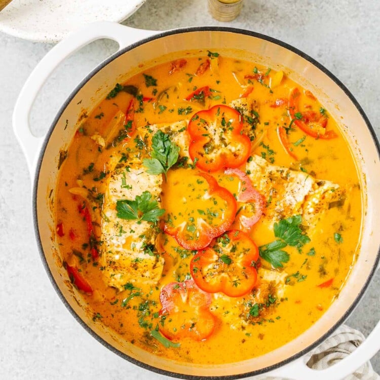 overhead view of Dutch Oven containing fish stew