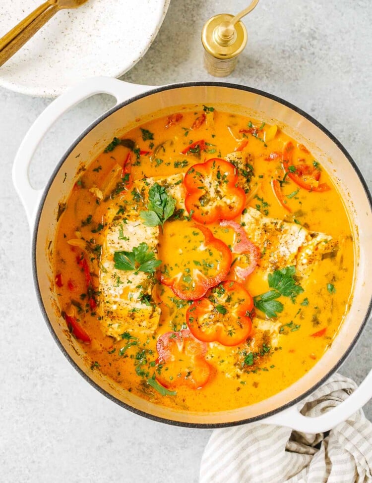 overhead view of Dutch Oven containing fish stew