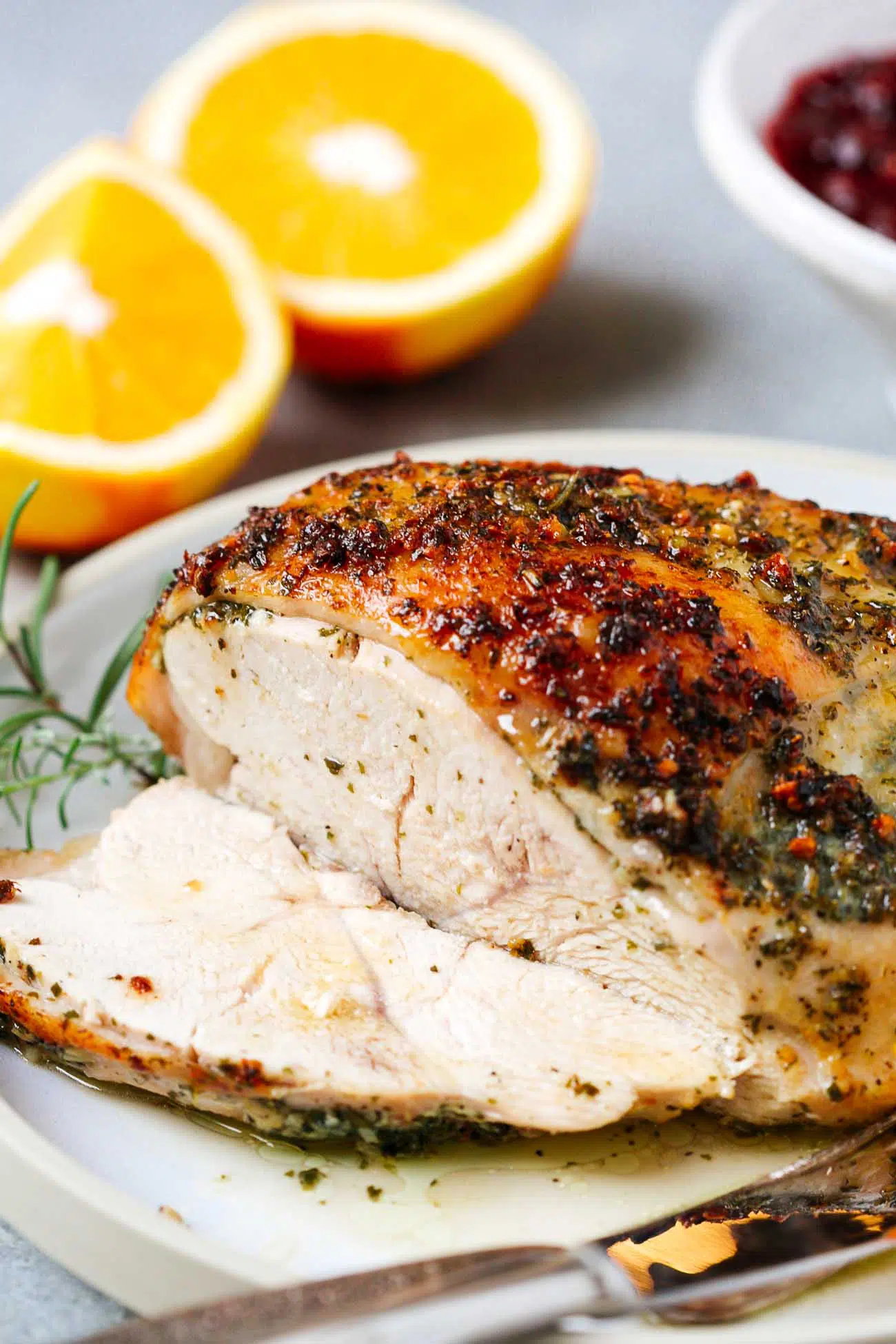 A garlic butter turkey breast, cut opened.