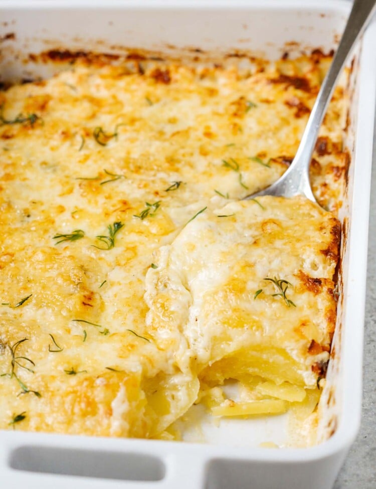 closeup of potatoes au gratin in a casserole