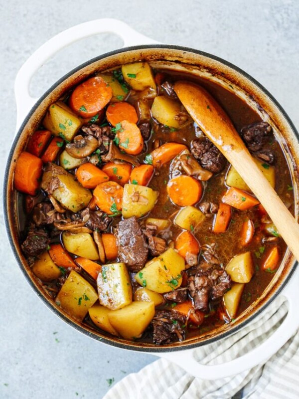 Overhead view of Dutch oven containing beef stew