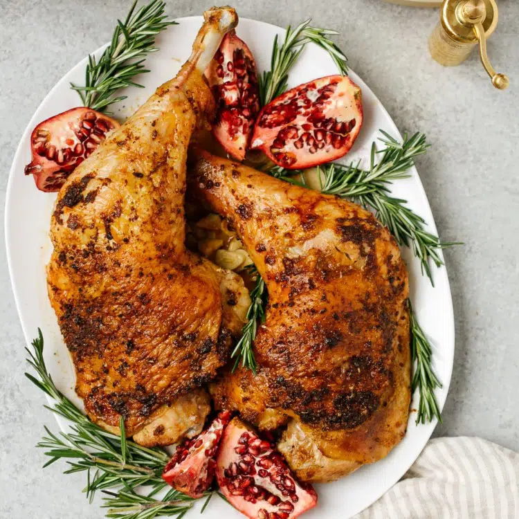 overhead view of roasted turkey leg on a white plate