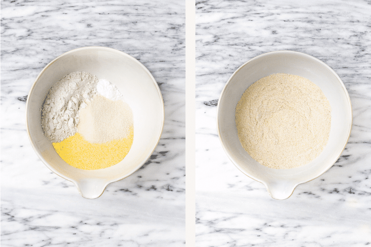 dry ingredients to make a gluten-free cornbread in a white bowl on a marble countertop 