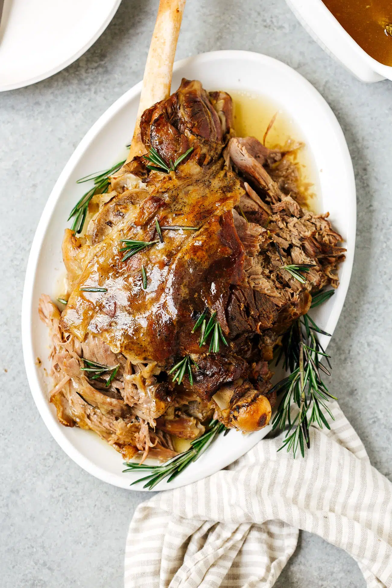 overhead view of slow roast leg of lamb