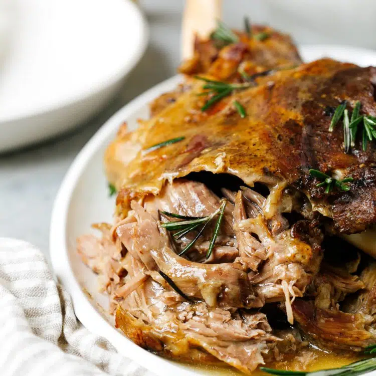 closeup of slow roast leg of lamb