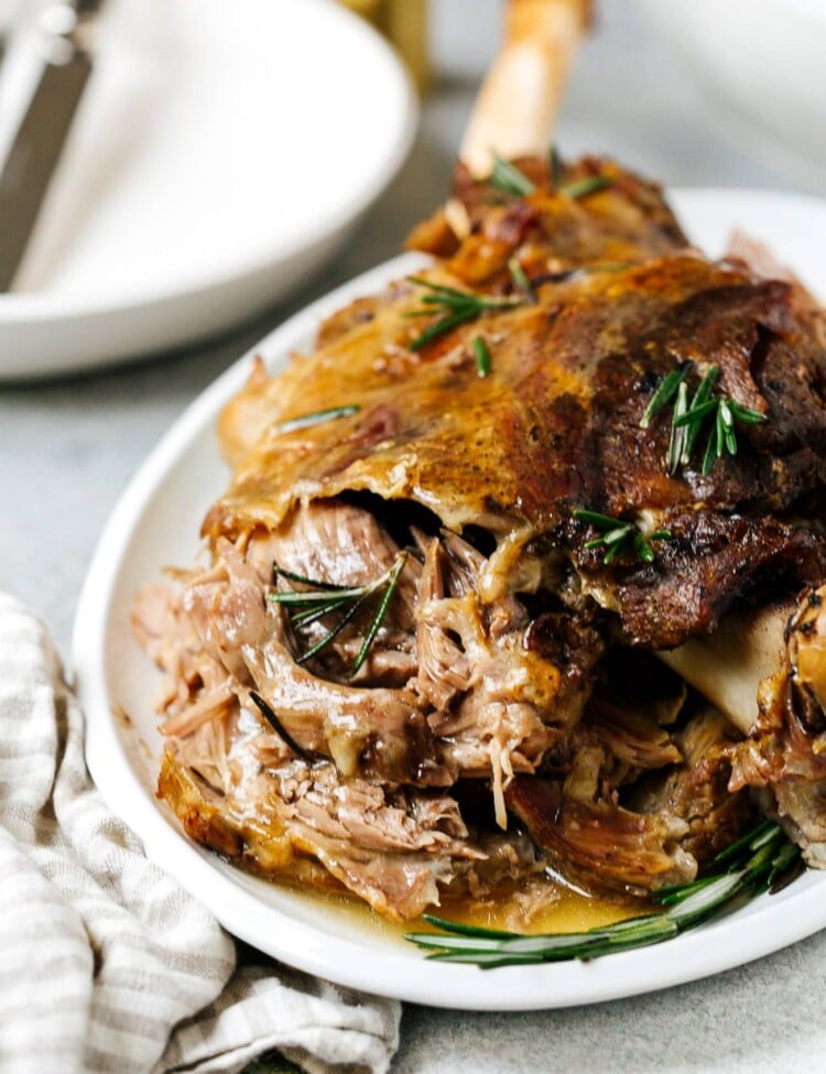 closeup of slow roast leg of lamb