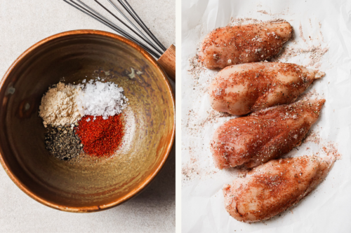 A bowl with salt, black pepper, paprika, garlic powder, and onion powder sits next to four raw chicken breasts coated in the spice mixture on white parchment paper—perfect for preparing Chicken with Vegetables.
