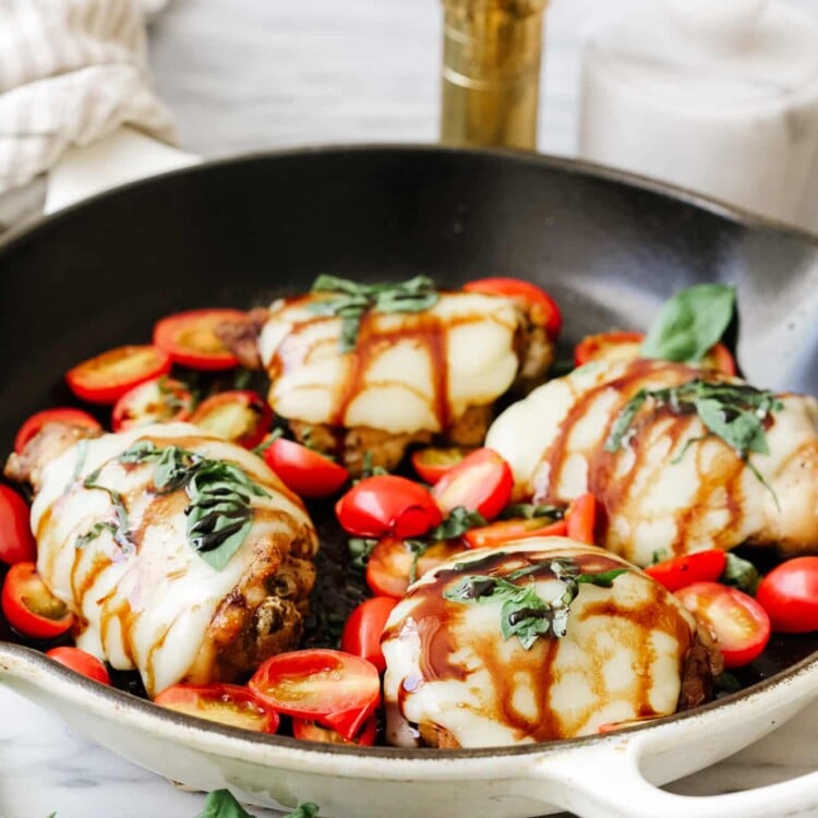 closeup view of baked caprese chicken