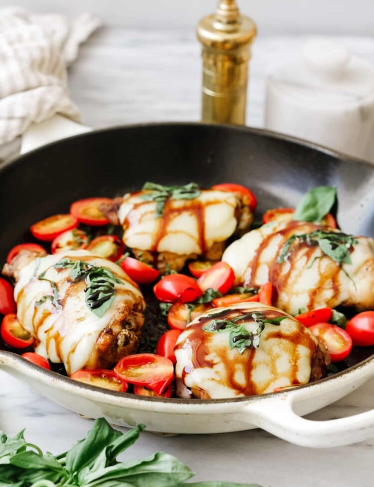 closeup view of baked caprese chicken