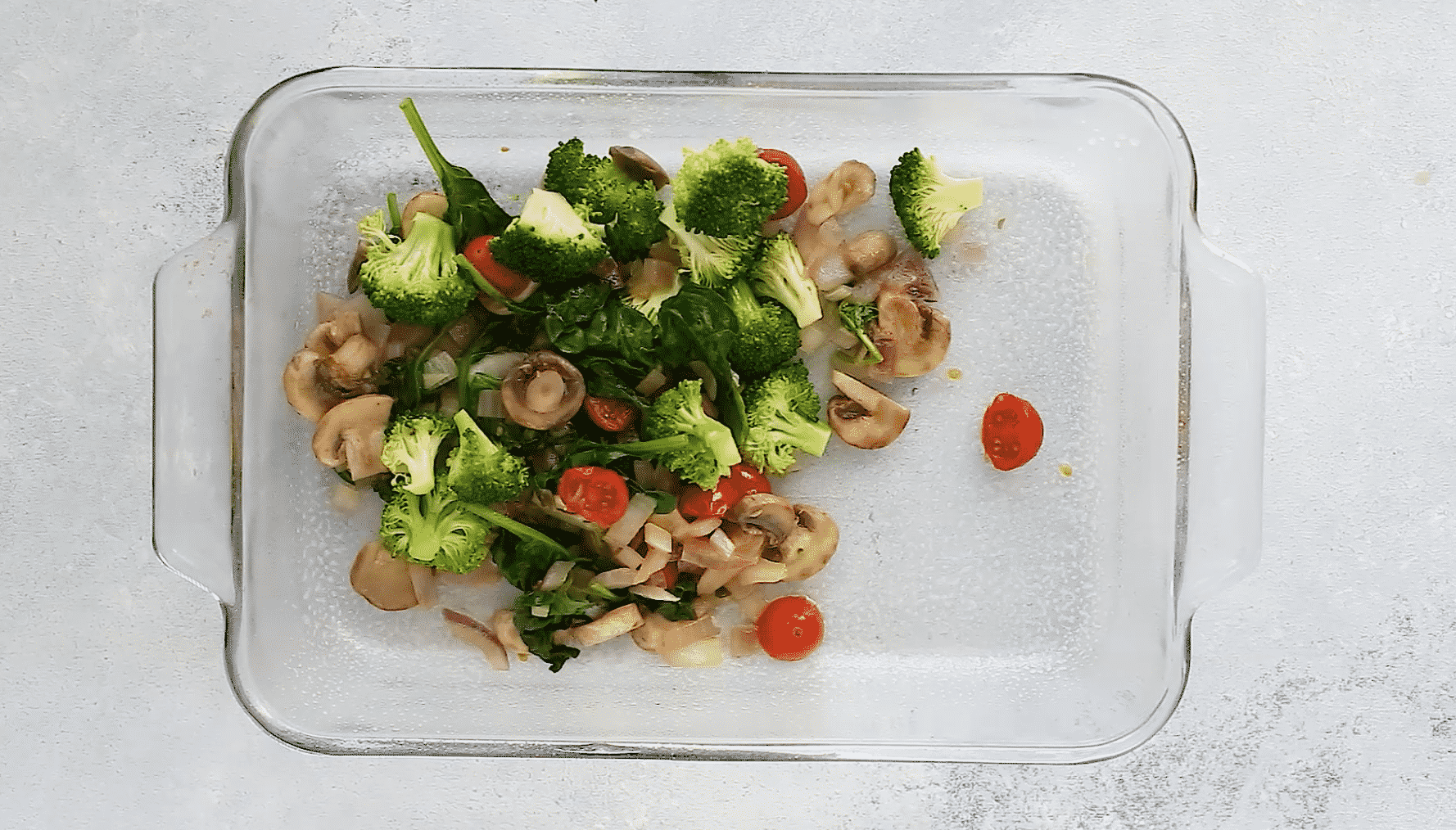 overhead view of casserole containing sautéed veggies.