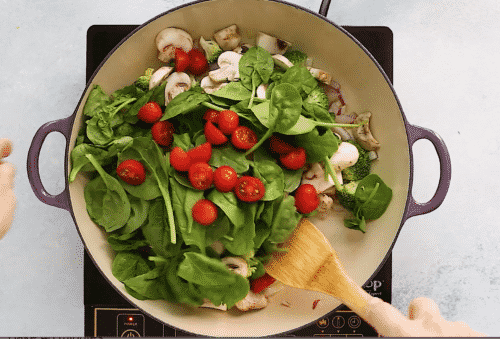 overview of a skillet with veggies