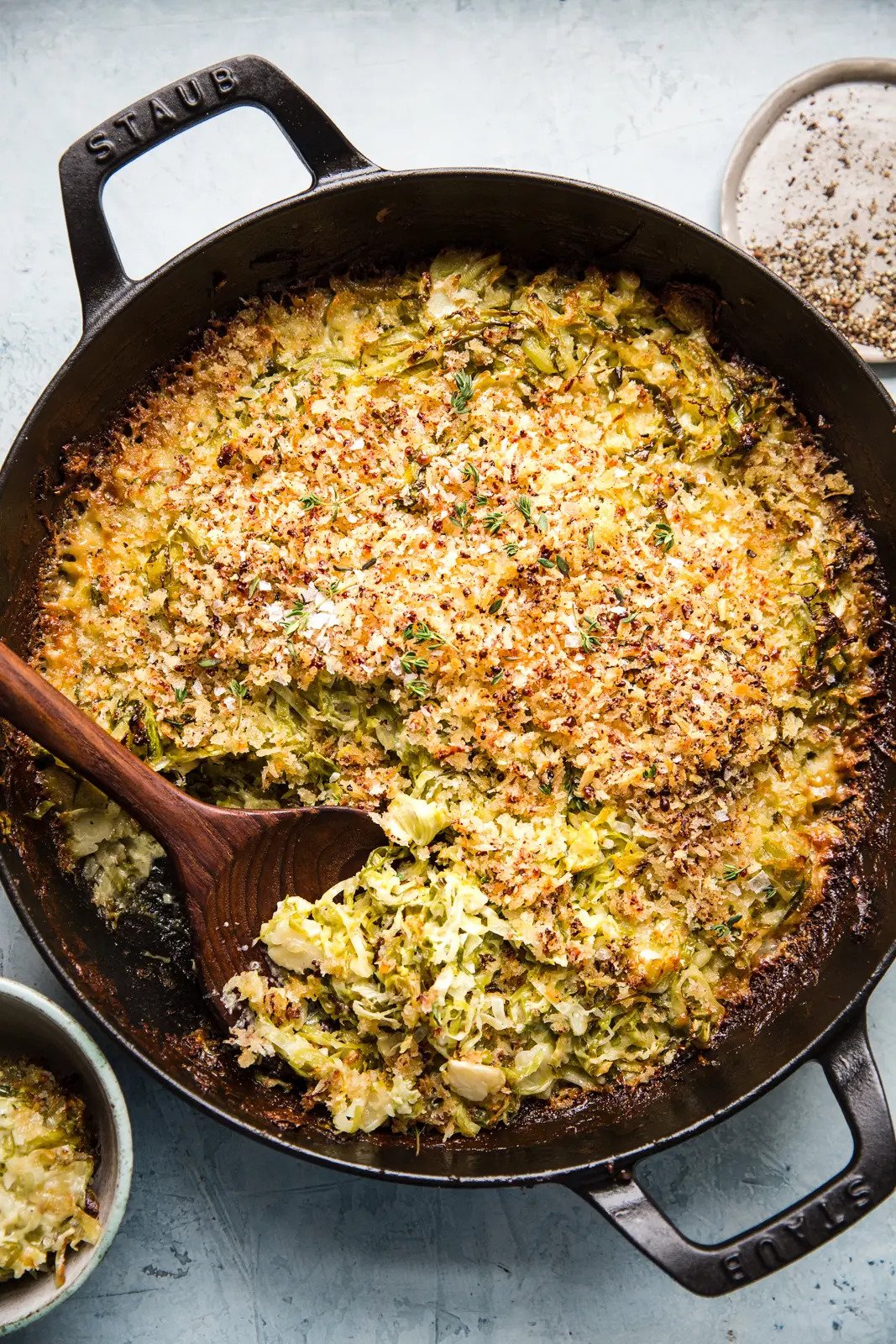 overhead view of Brussels Sprouts Gratin recipe.