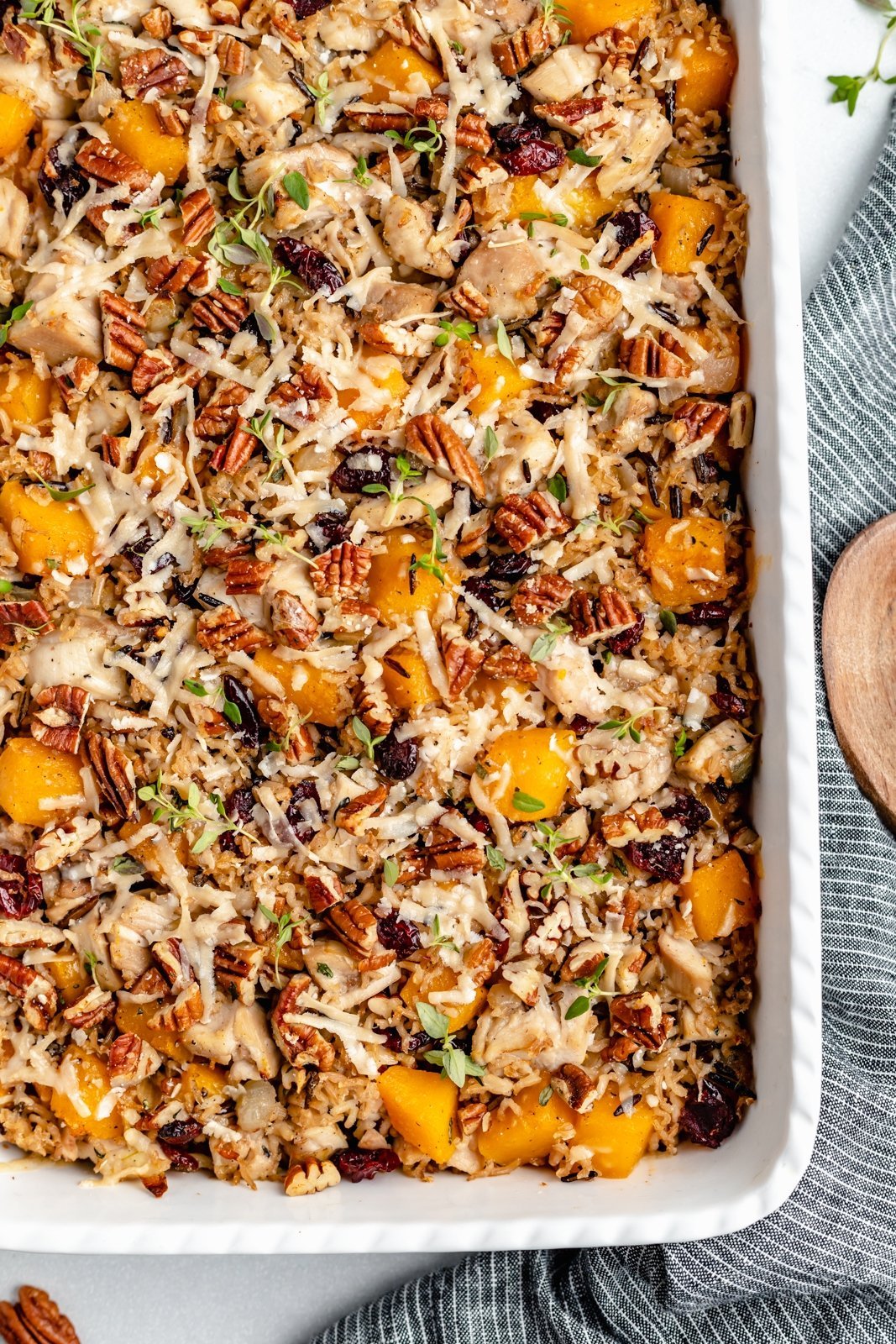 overhead view of healthy Butternut Squash, Chicken and Wild Rice Casserole recipe.
