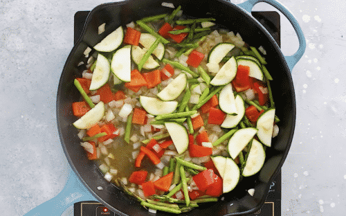overhead view of veggies inside of a cast iron skillet
