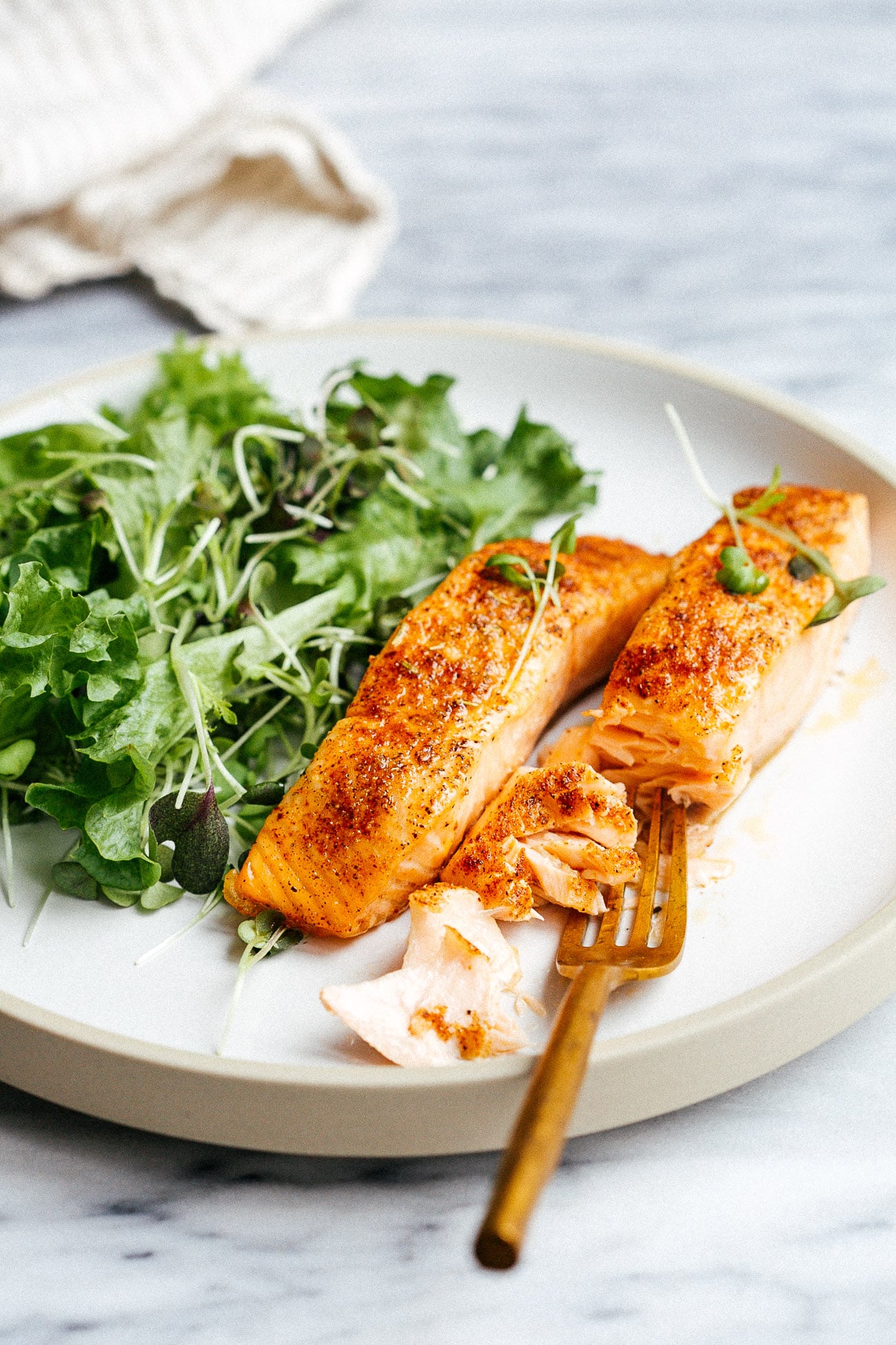 closeup of a white plate with salmon and green salad