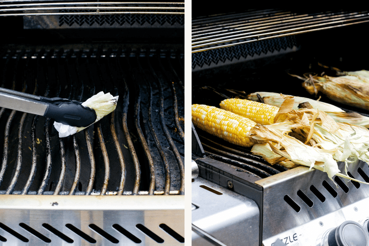 Photo Collage (and shown): two photos of corn on a cob in a grill