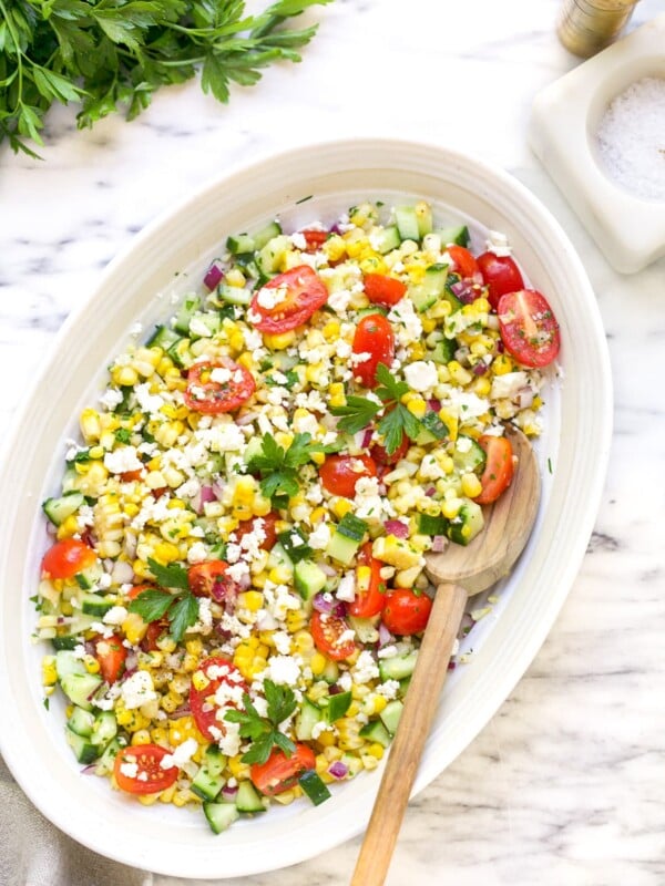 Overhead view of a corn salad bowl