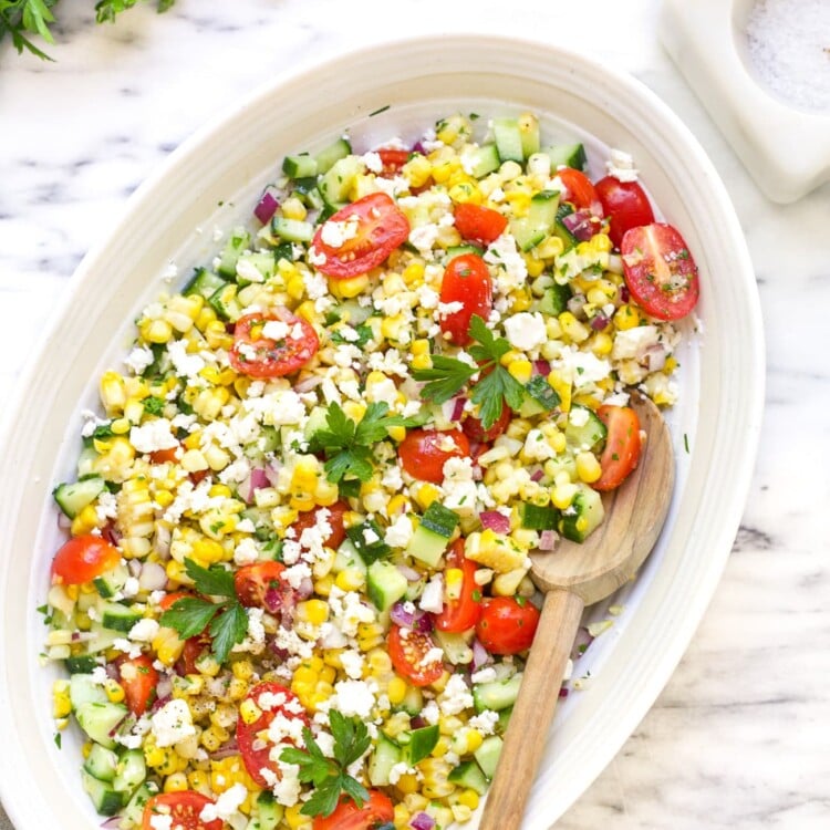 Overhead view of a corn salad bowl