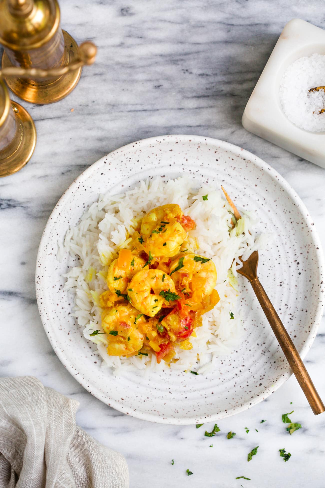 overhead view of shrimp curry bowl