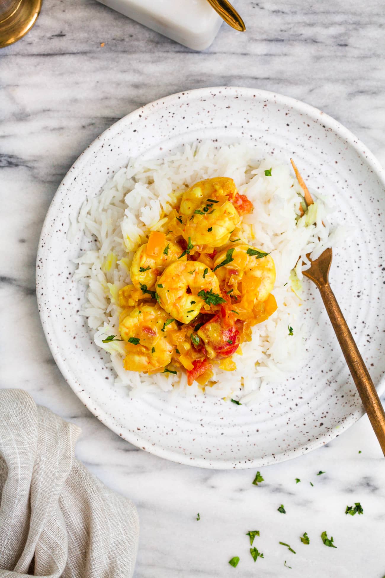 overhead view of shrimp curry bowl