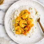 overhead view of shrimp curry bowl