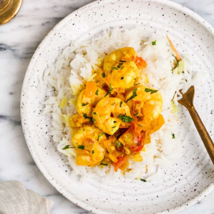 overhead view of shrimp curry bowl