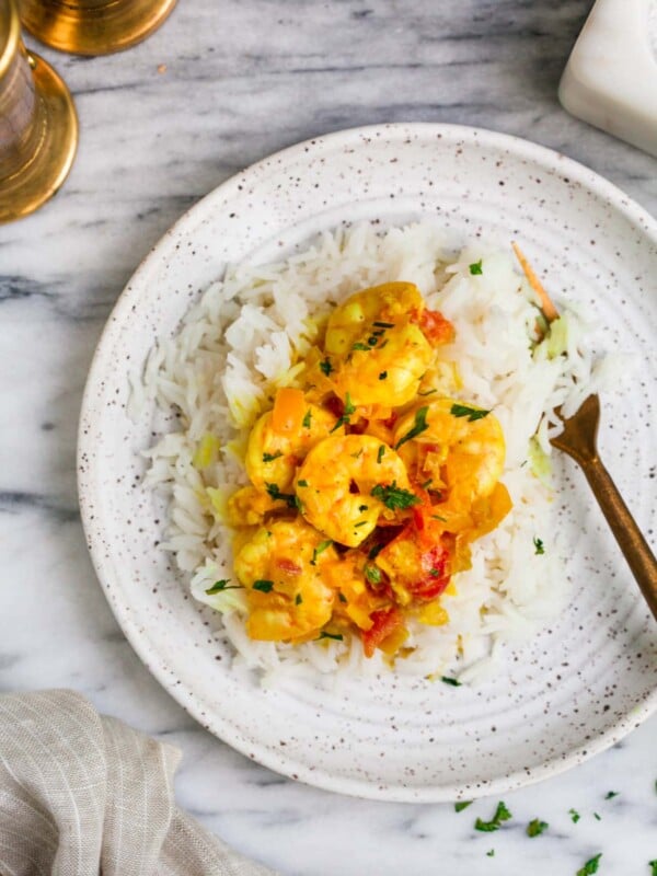overhead view of shrimp curry bowl