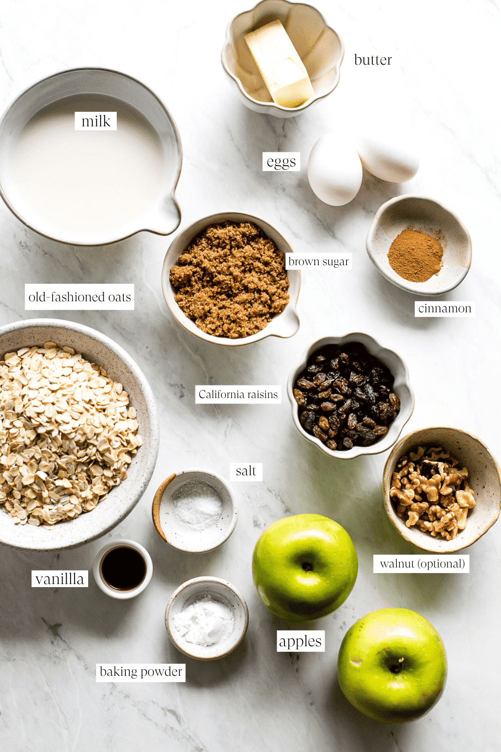 Ingredients for baked oatmeal with apples and raisins.