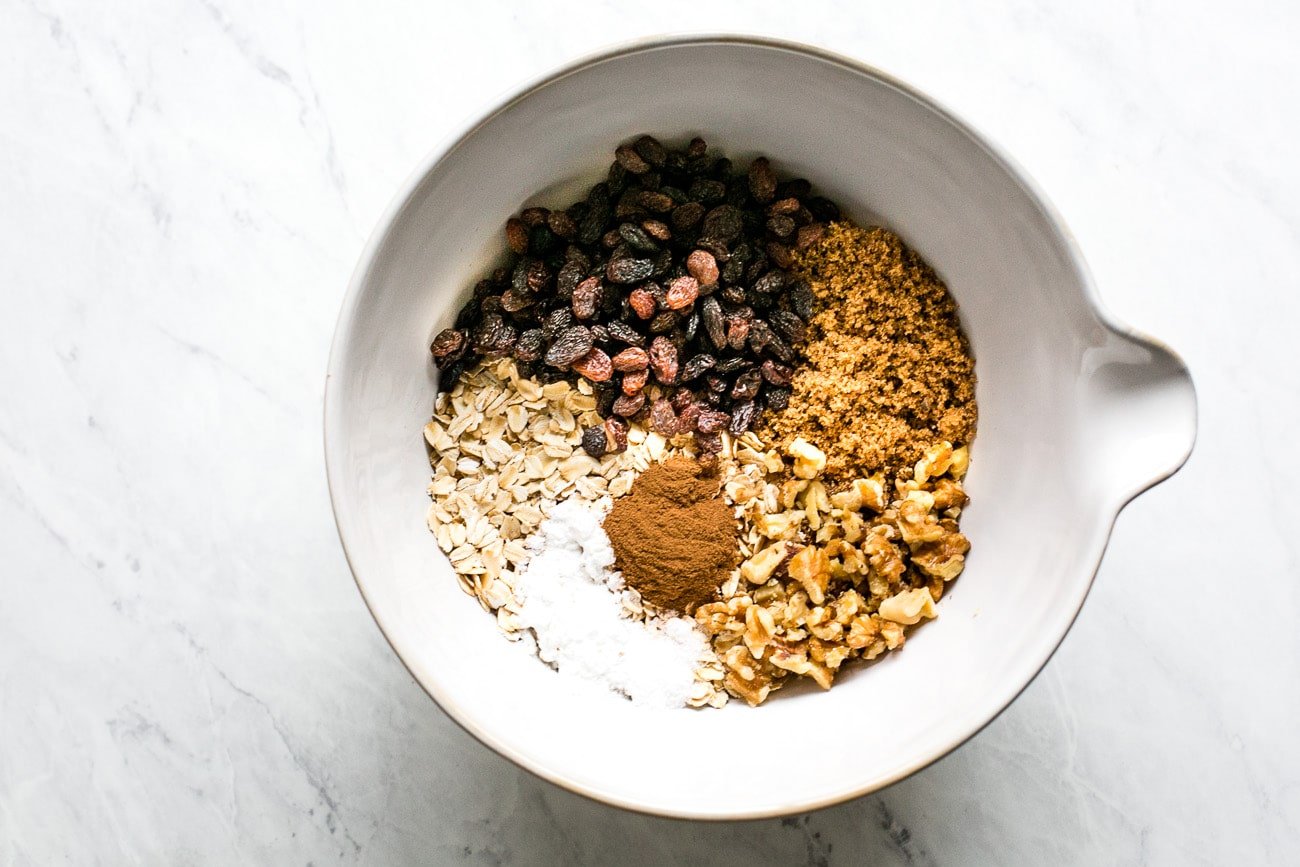 Dry ingredients measured into a bowl. 