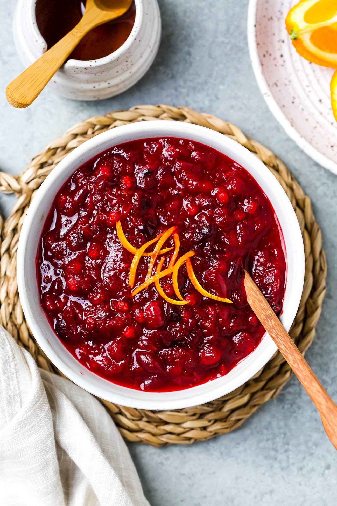 Overhead view of Cranberry Orange Sauce in a white bowl