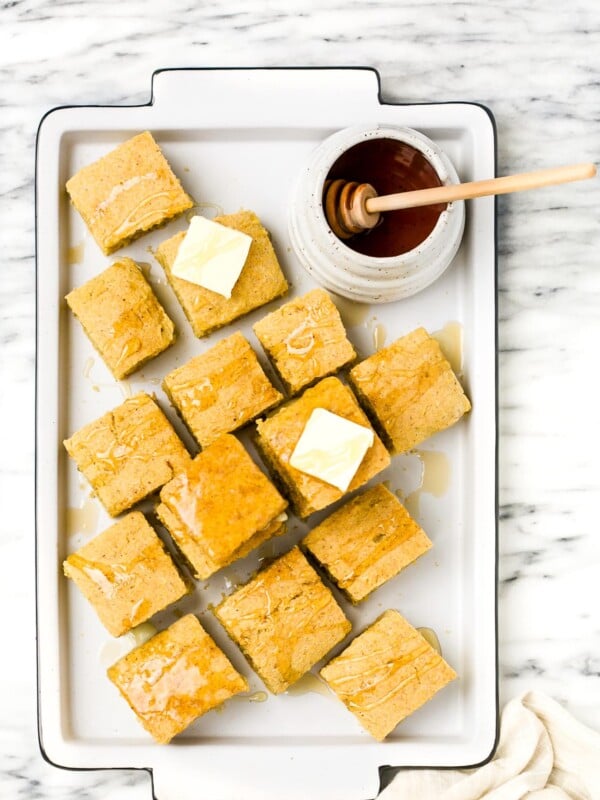 overhead view of cornbread cut in cubes
