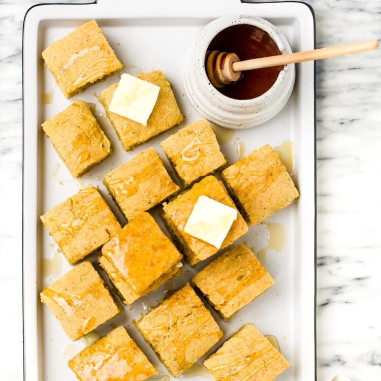 overhead view of cornbread cut in cubes