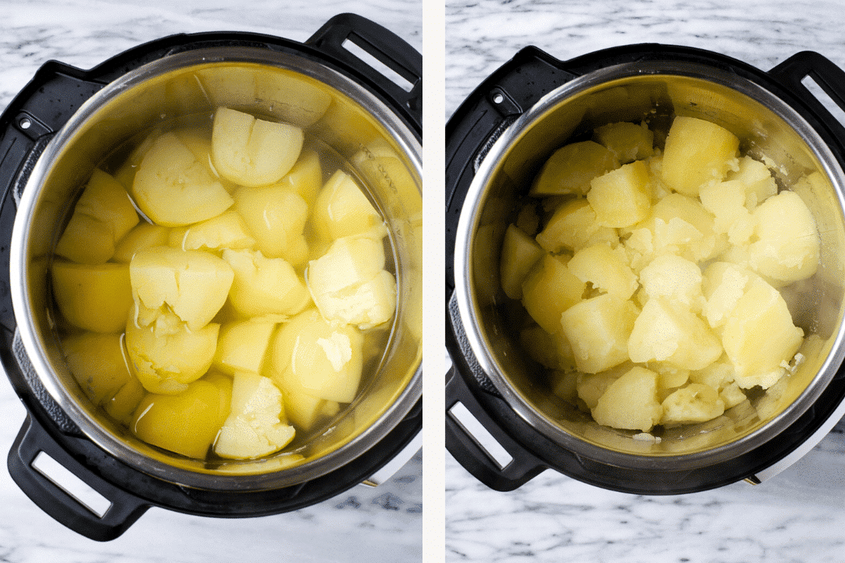 Left: cooked potatoes in water. Right: drained potatoes in instant pot.