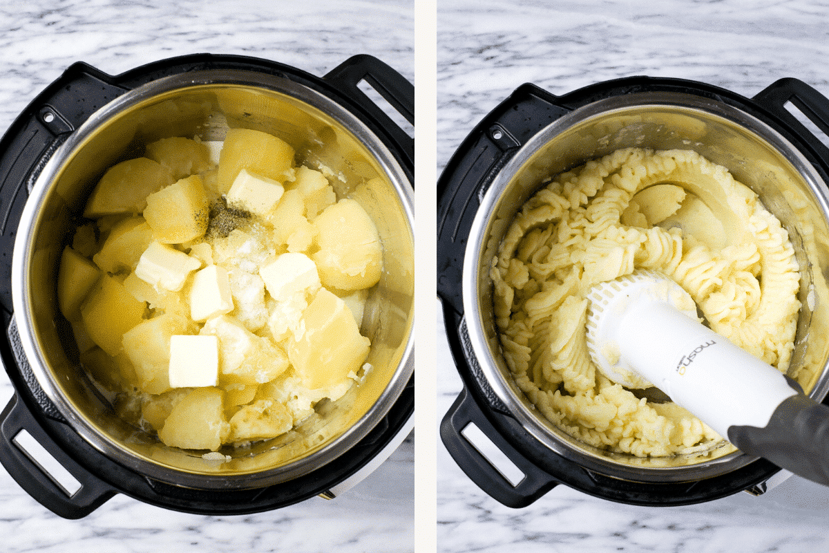 Left: butter, cream and seasonings added to potatoes. Right: mashing potatoes.