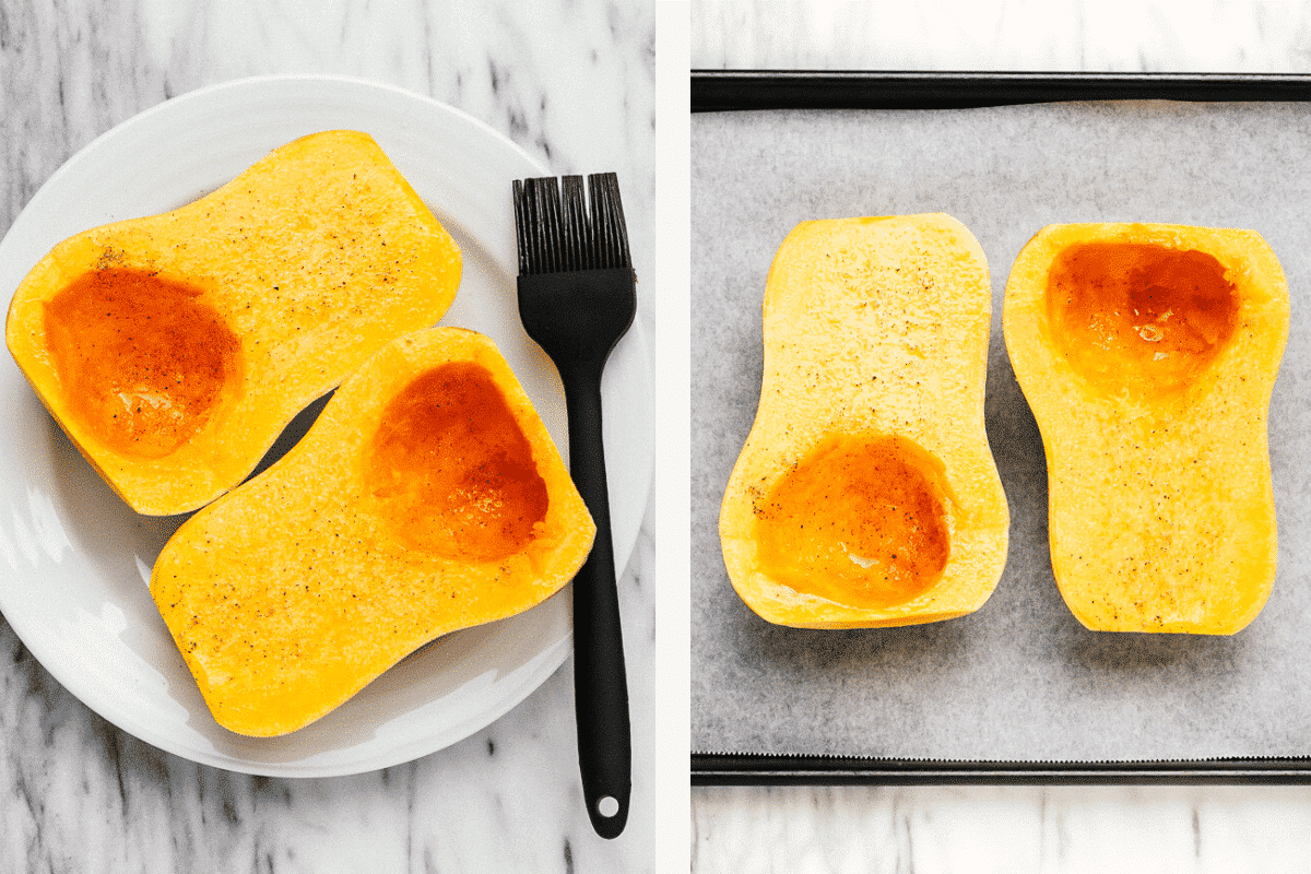 Left: halved butternut squash with oil and seasonings. Right: squash on lined baking sheet.