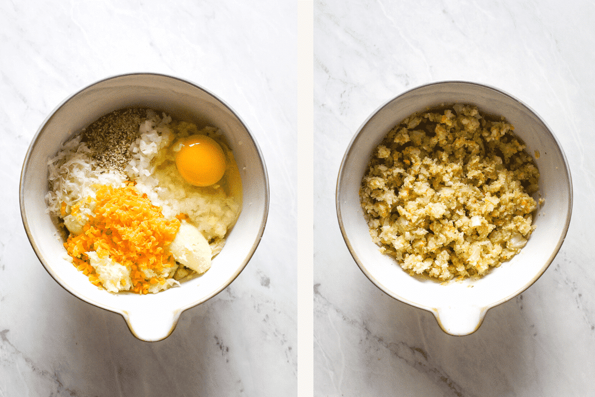 Left: ingredients measured into large bowl with cauliflower puree. Right: ingredients mixed together.