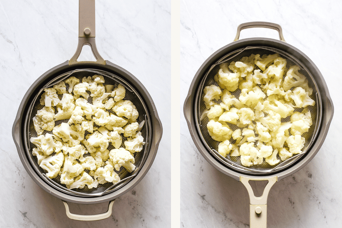 photo side by side of cauliflower floret in a skillet